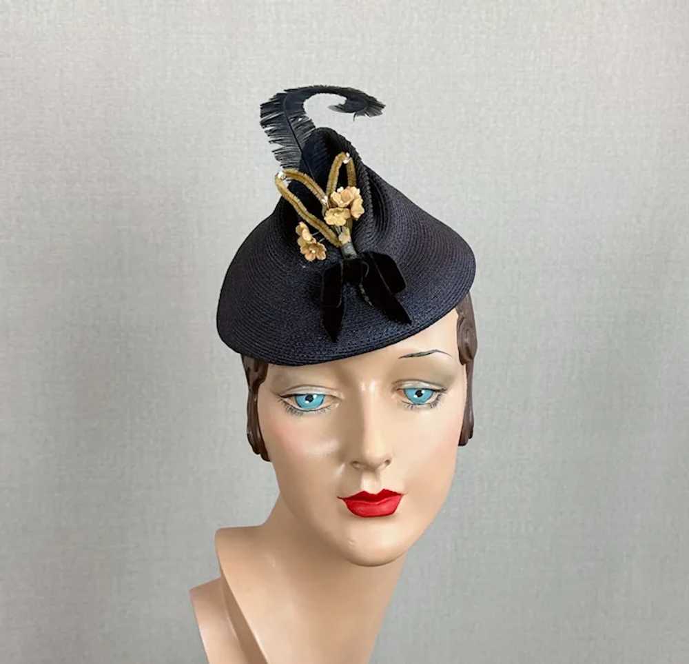 Vintage 1940s Navy Blue Straw Tilt Pixie Hat - image 2