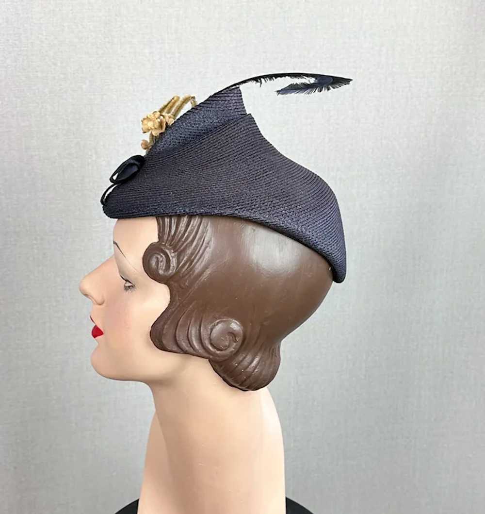 Vintage 1940s Navy Blue Straw Tilt Pixie Hat - image 3