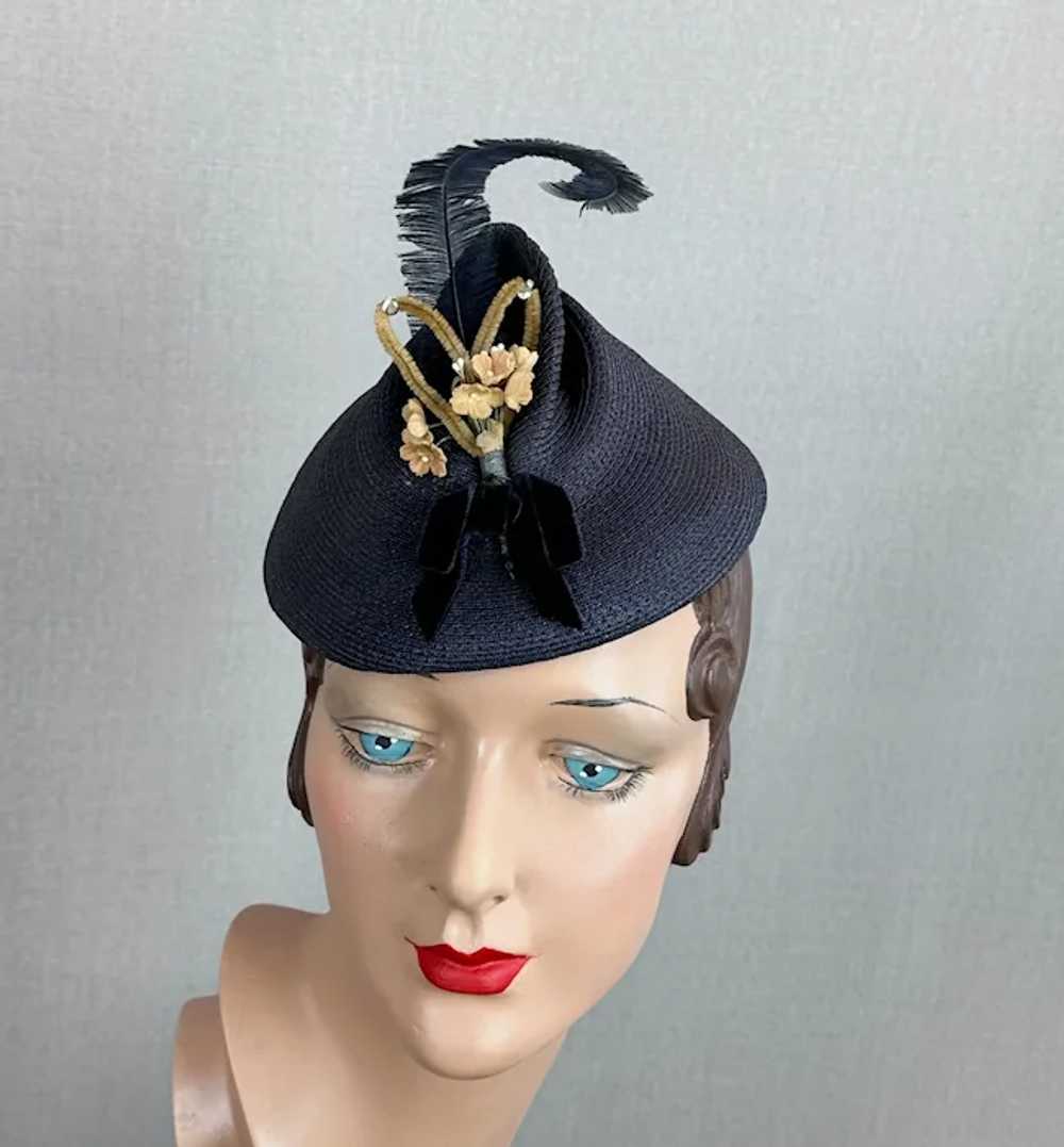 Vintage 1940s Navy Blue Straw Tilt Pixie Hat - image 4