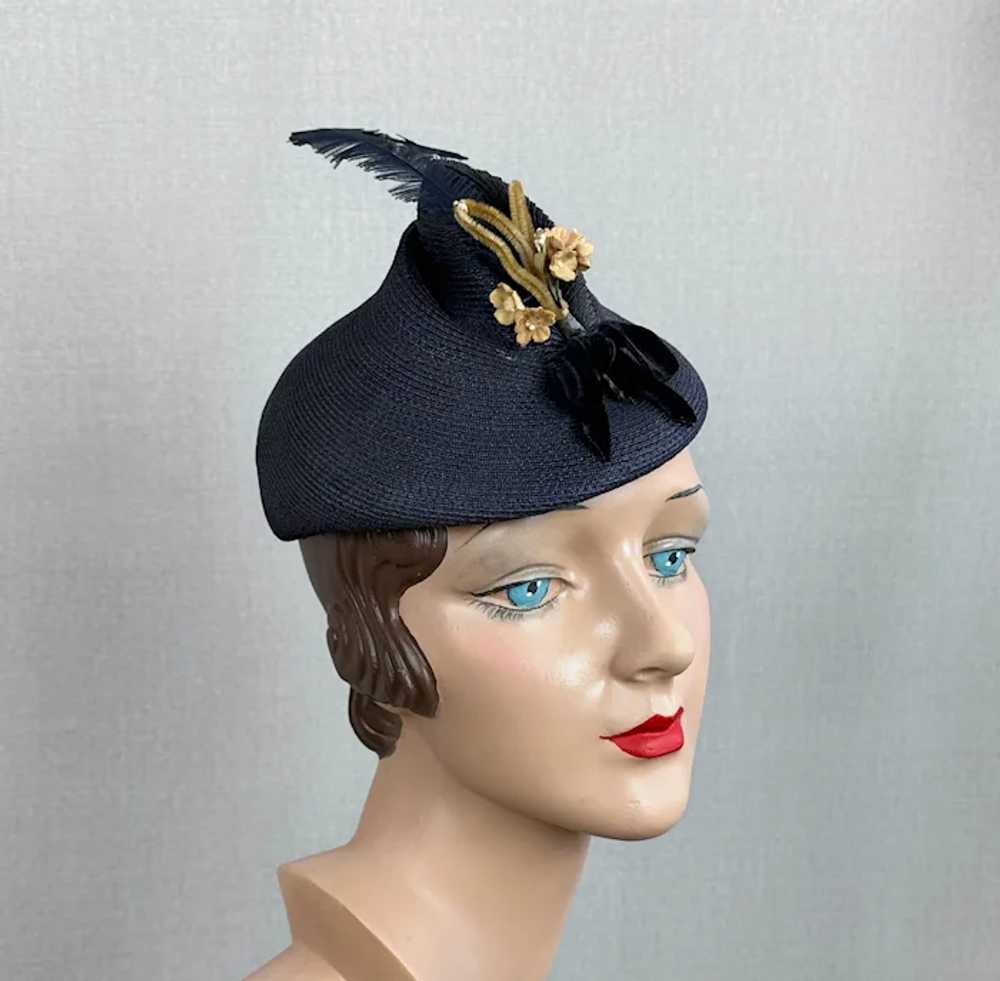 Vintage 1940s Navy Blue Straw Tilt Pixie Hat - image 5