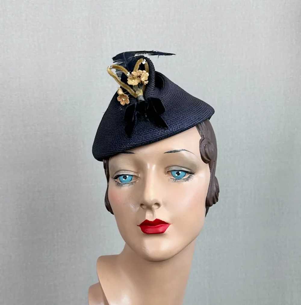 Vintage 1940s Navy Blue Straw Tilt Pixie Hat - image 6