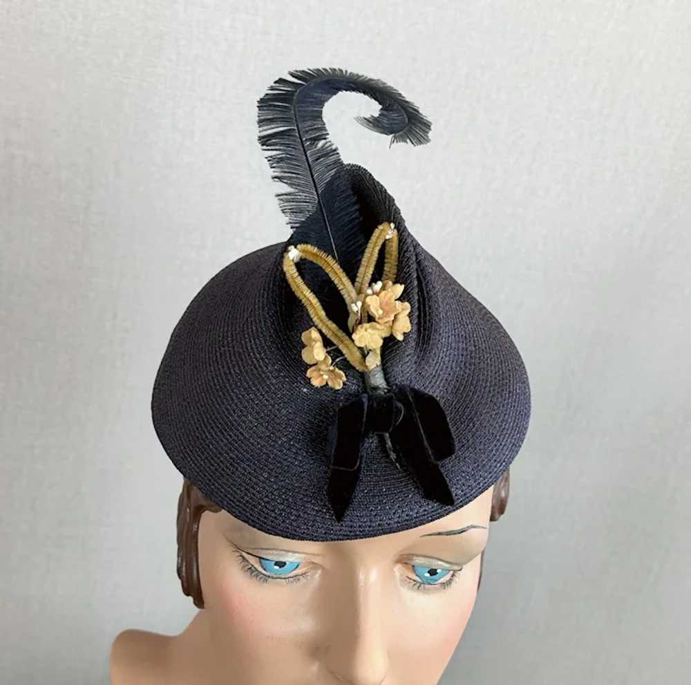 Vintage 1940s Navy Blue Straw Tilt Pixie Hat - image 7