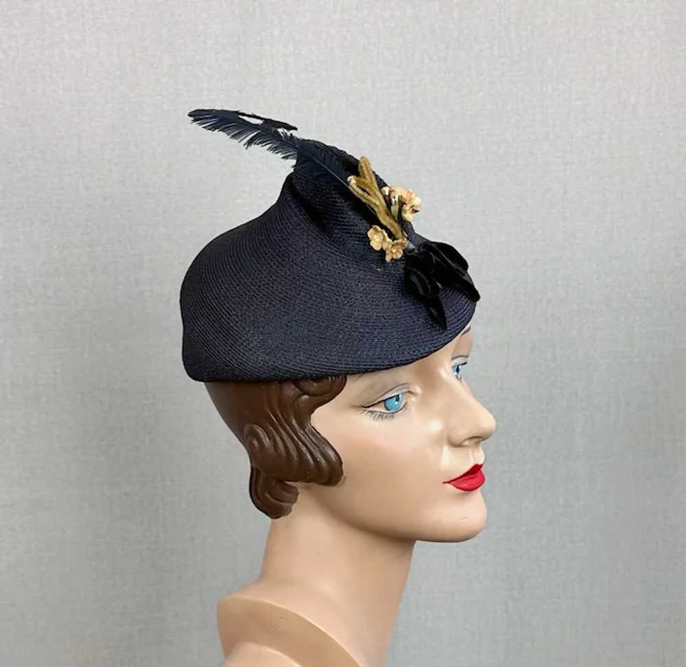 Vintage 1940s Navy Blue Straw Tilt Pixie Hat - image 8