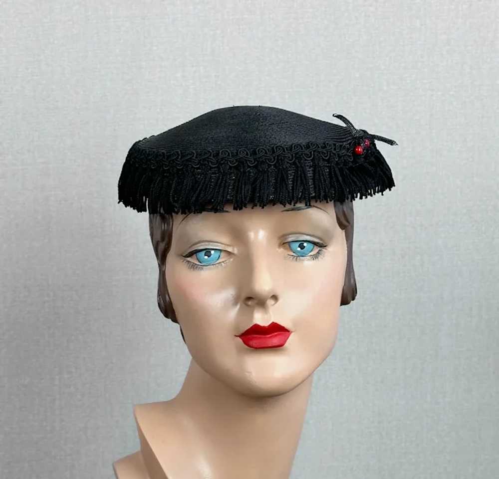 Vintage 1950s Black Straw Fringed Cocktail Hat by… - image 7