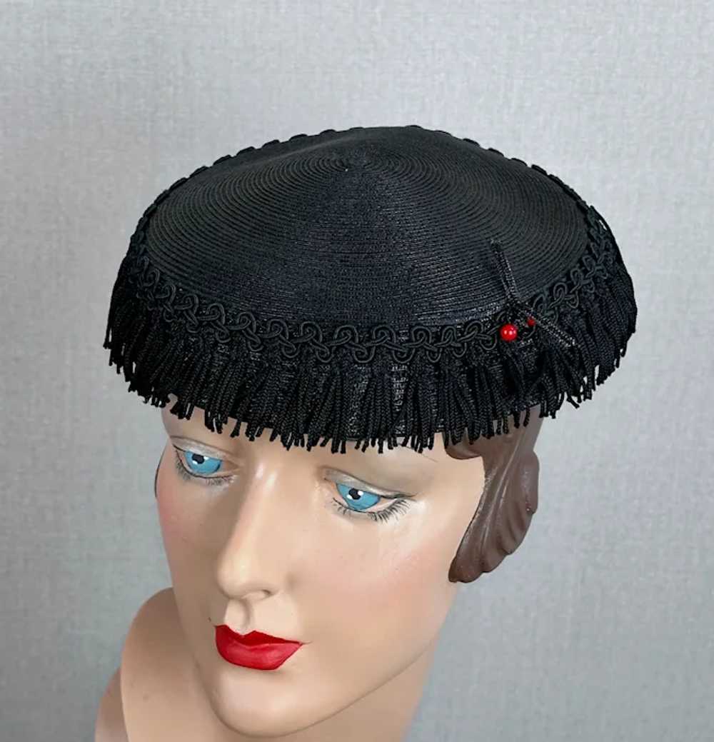 Vintage 1950s Black Straw Fringed Cocktail Hat by… - image 9