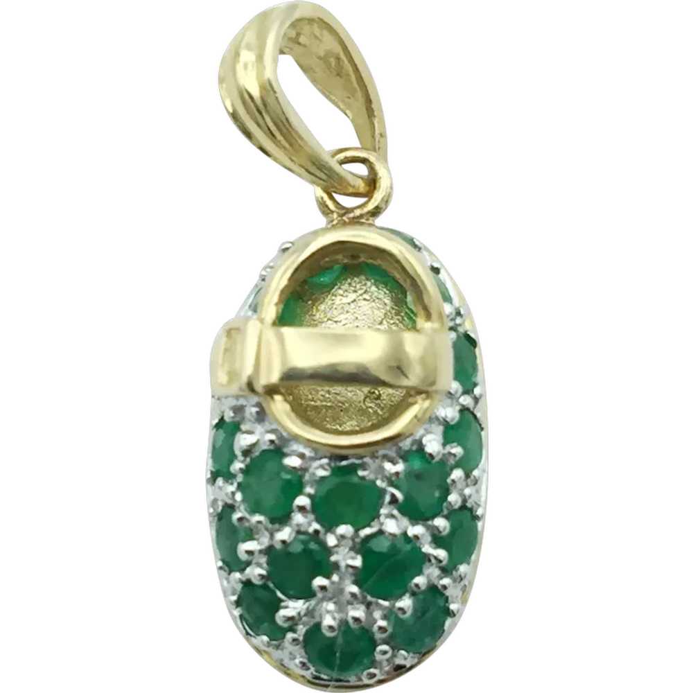 14K Gold Emerald Baby Shoe Pendant - image 1