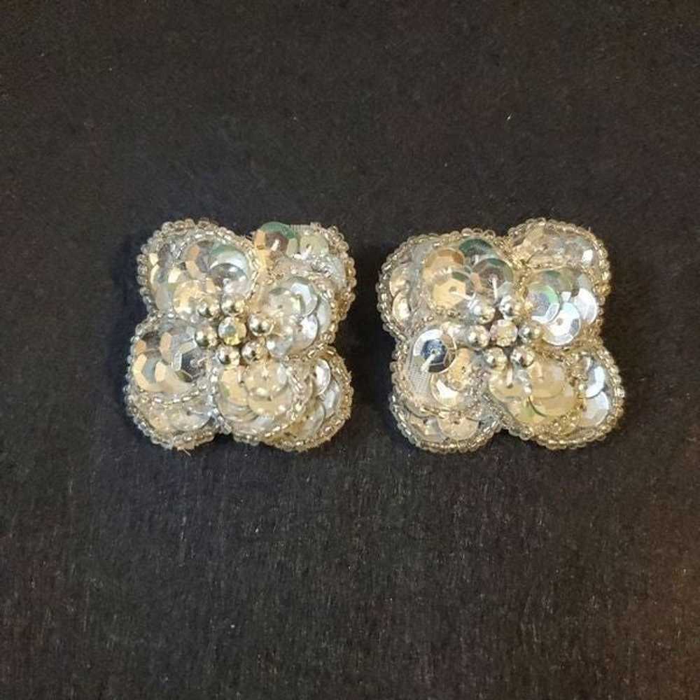 Vintage Sequin Beaded Clip On Earrings - image 1