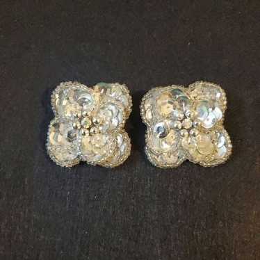 Vintage Sequin Beaded Clip On Earrings - image 1
