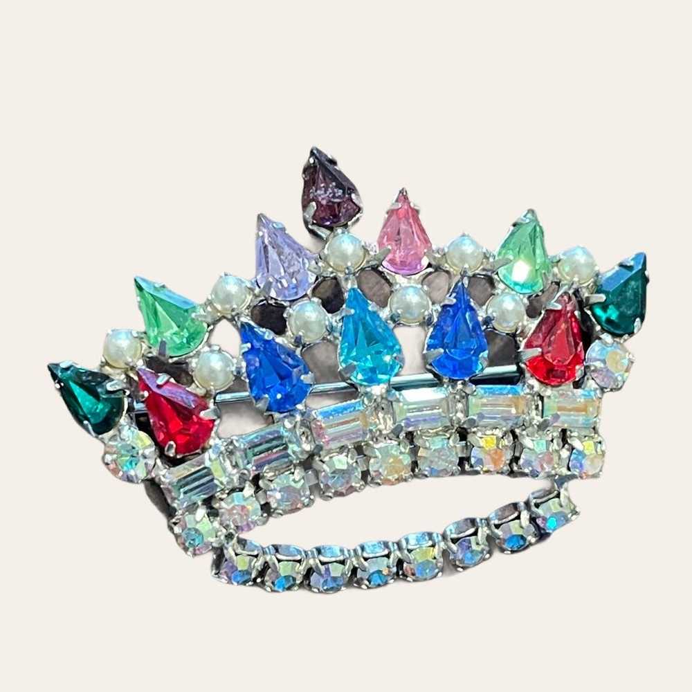 L David Signed Royal Crown Brooch with Colorful A… - image 1
