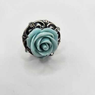 Vintage Victorian Blue Rose Gunmetal Stretch Ring - image 1