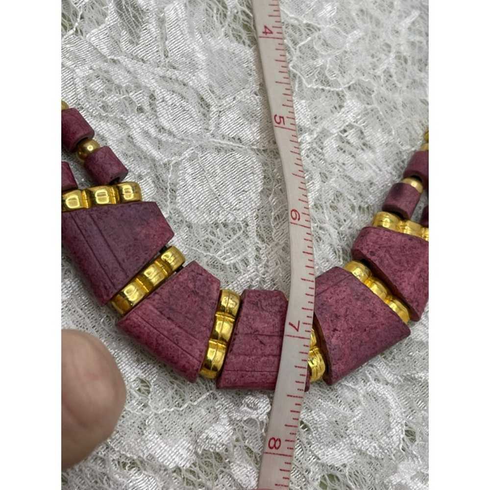 Vintage Pinkish Purple & Gold Wood Beaded Necklace - image 11