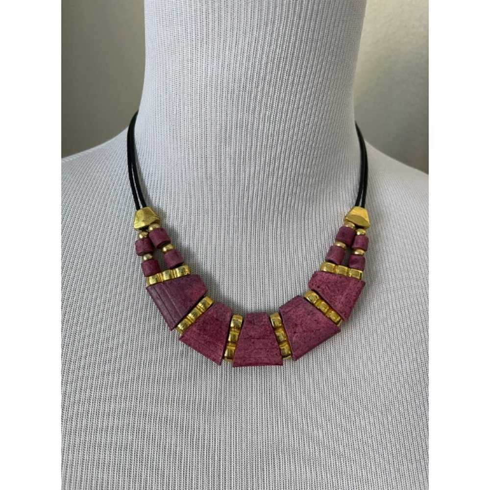 Vintage Pinkish Purple & Gold Wood Beaded Necklace - image 1