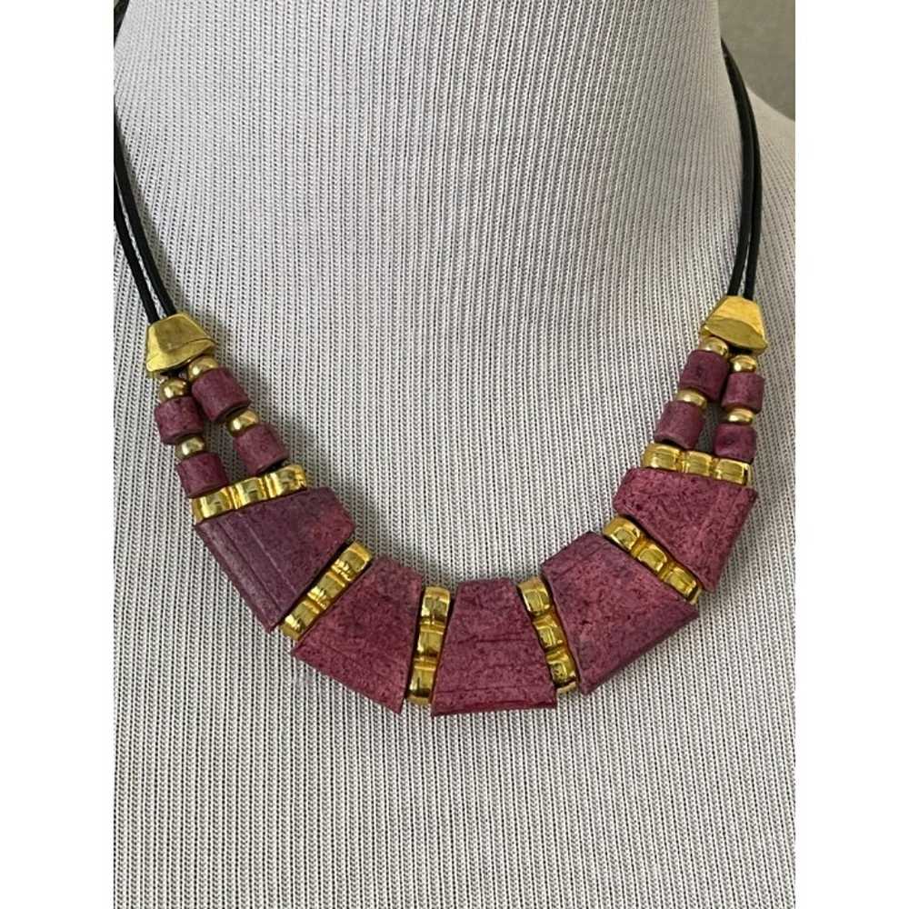 Vintage Pinkish Purple & Gold Wood Beaded Necklace - image 2