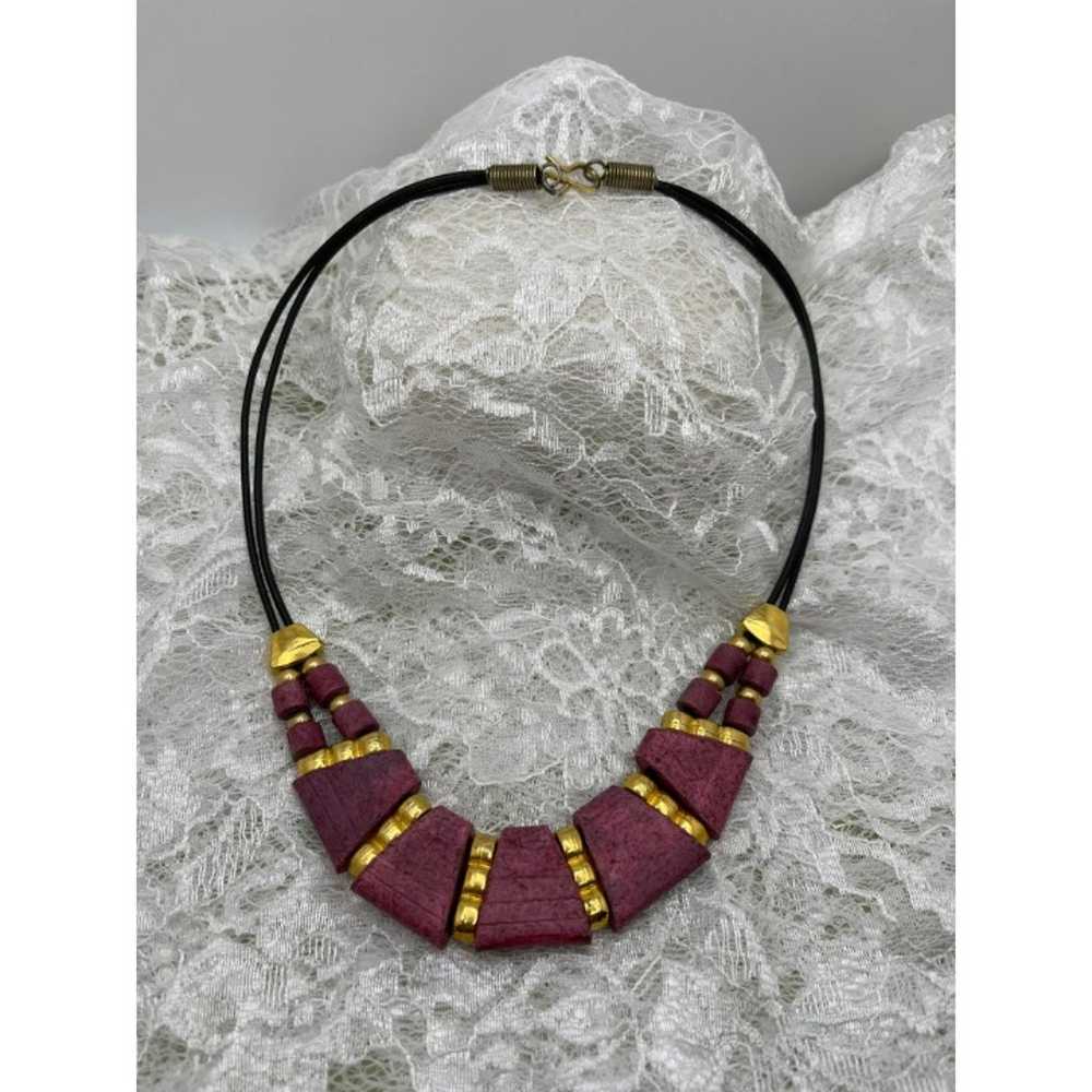 Vintage Pinkish Purple & Gold Wood Beaded Necklace - image 3