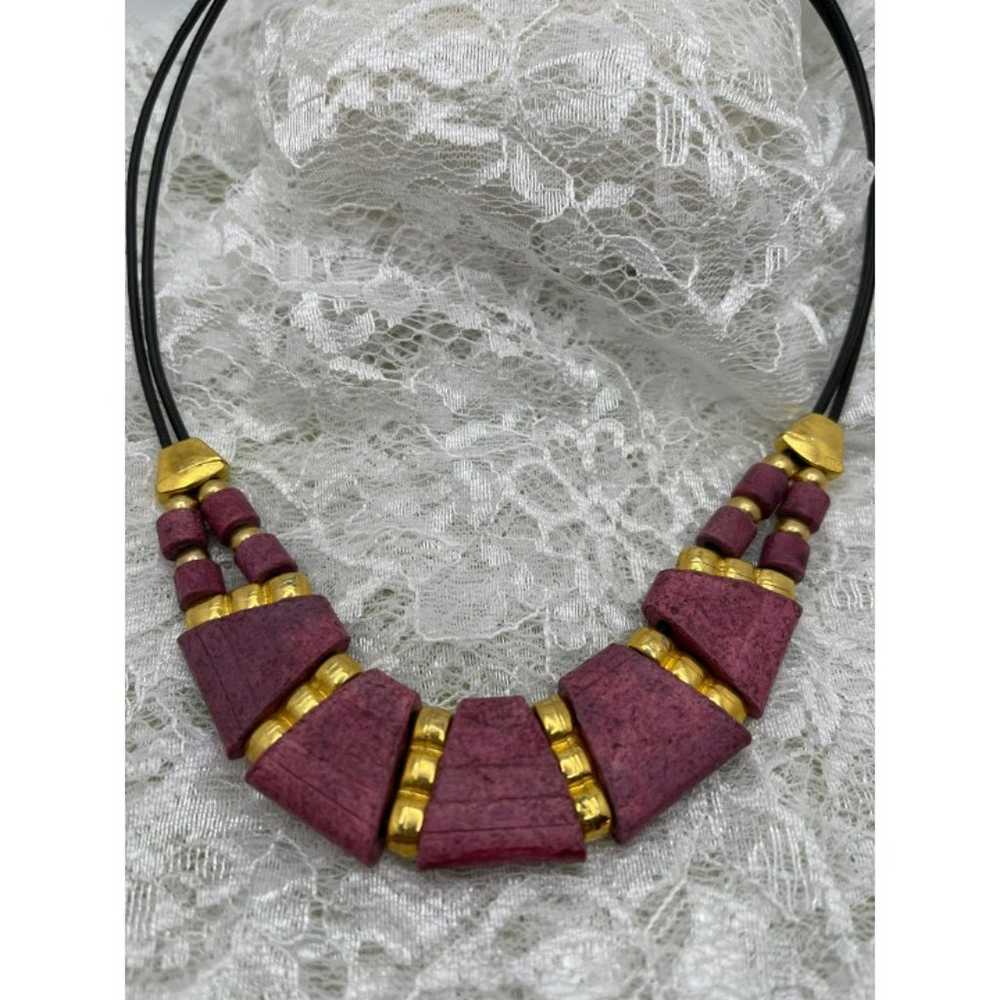 Vintage Pinkish Purple & Gold Wood Beaded Necklace - image 4
