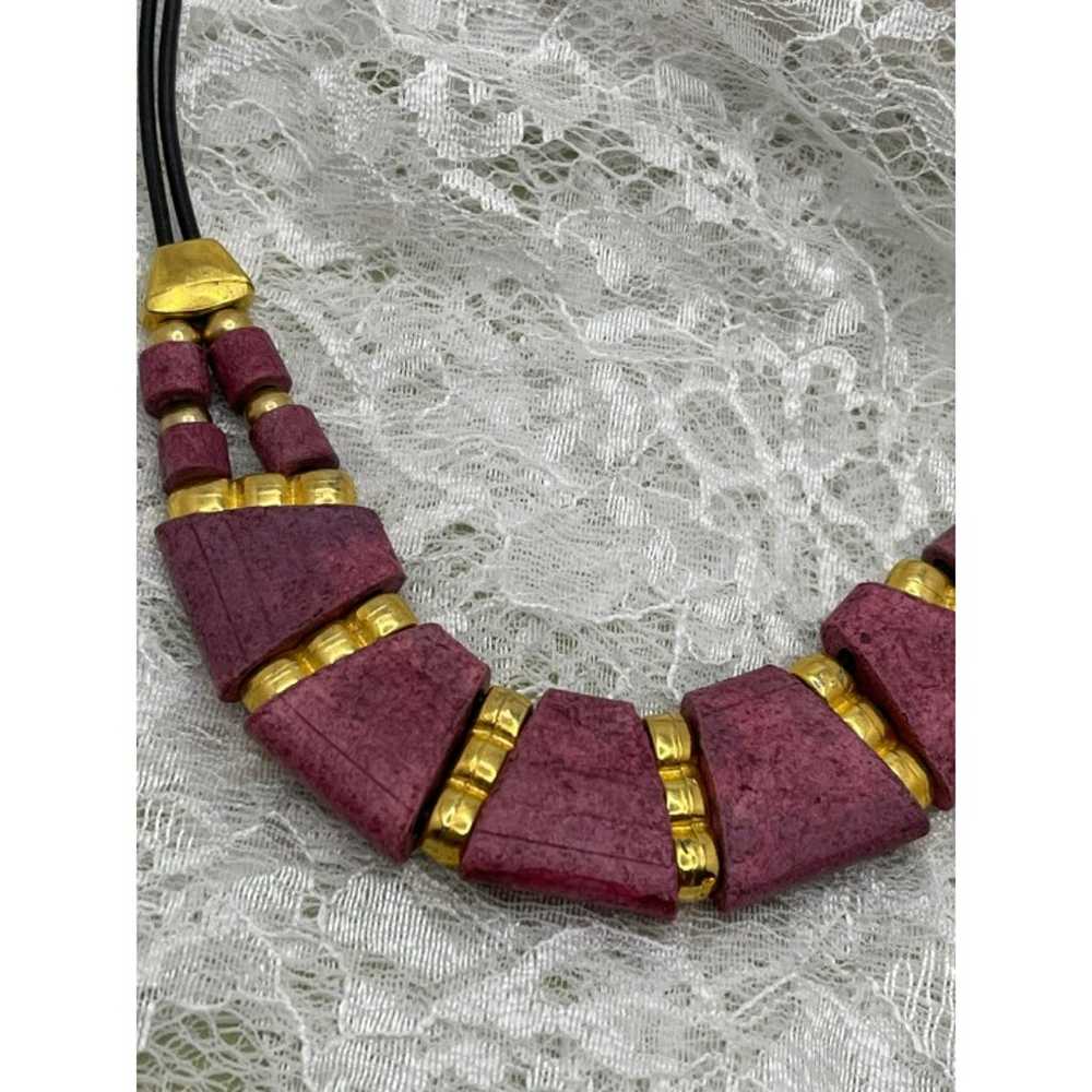 Vintage Pinkish Purple & Gold Wood Beaded Necklace - image 5