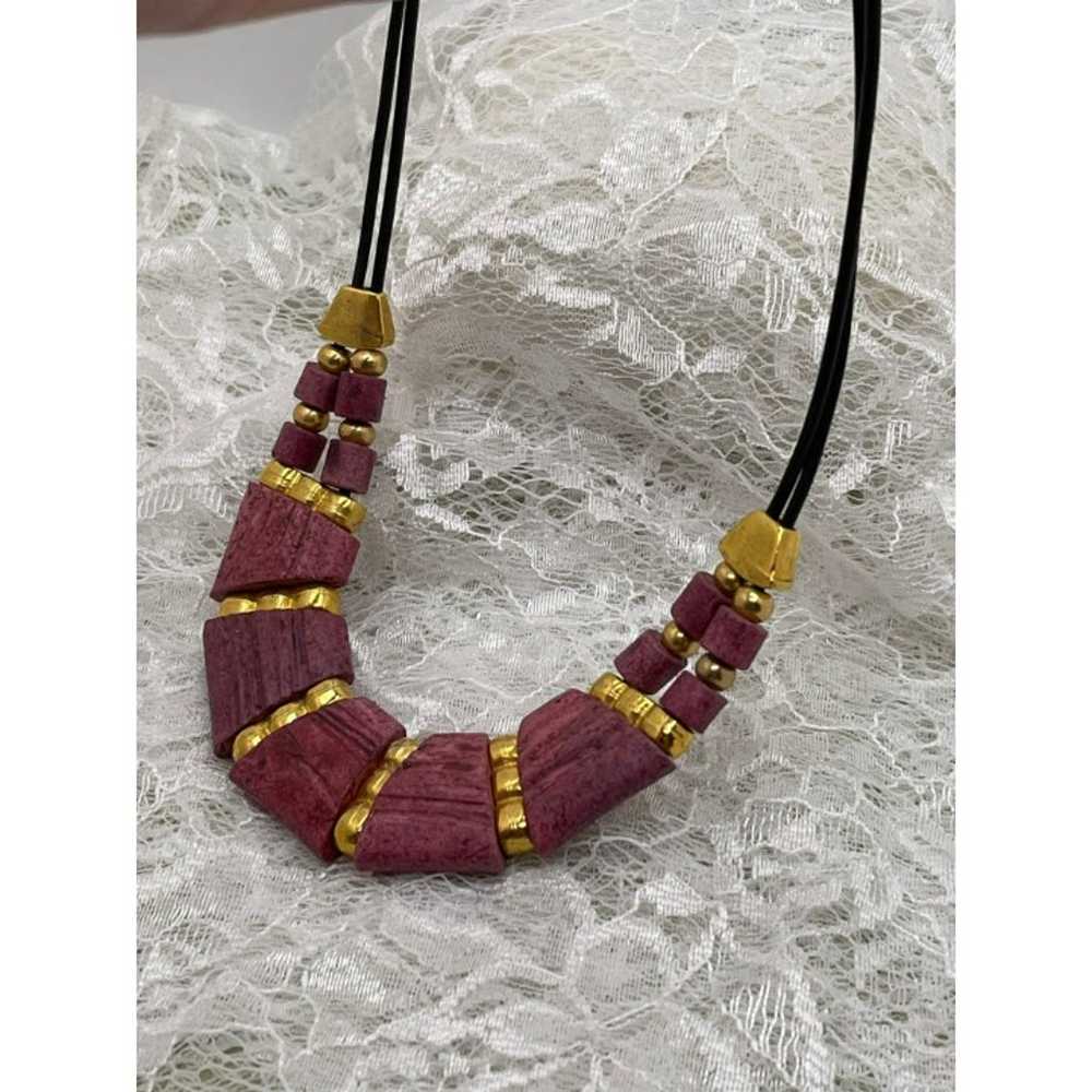 Vintage Pinkish Purple & Gold Wood Beaded Necklace - image 6
