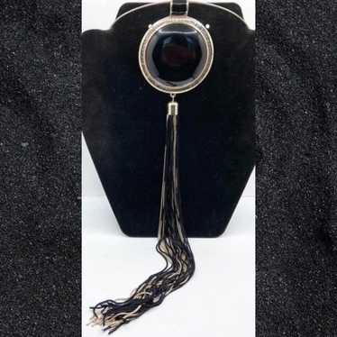 Vintage huge black glass cab/enamel pendant with … - image 1