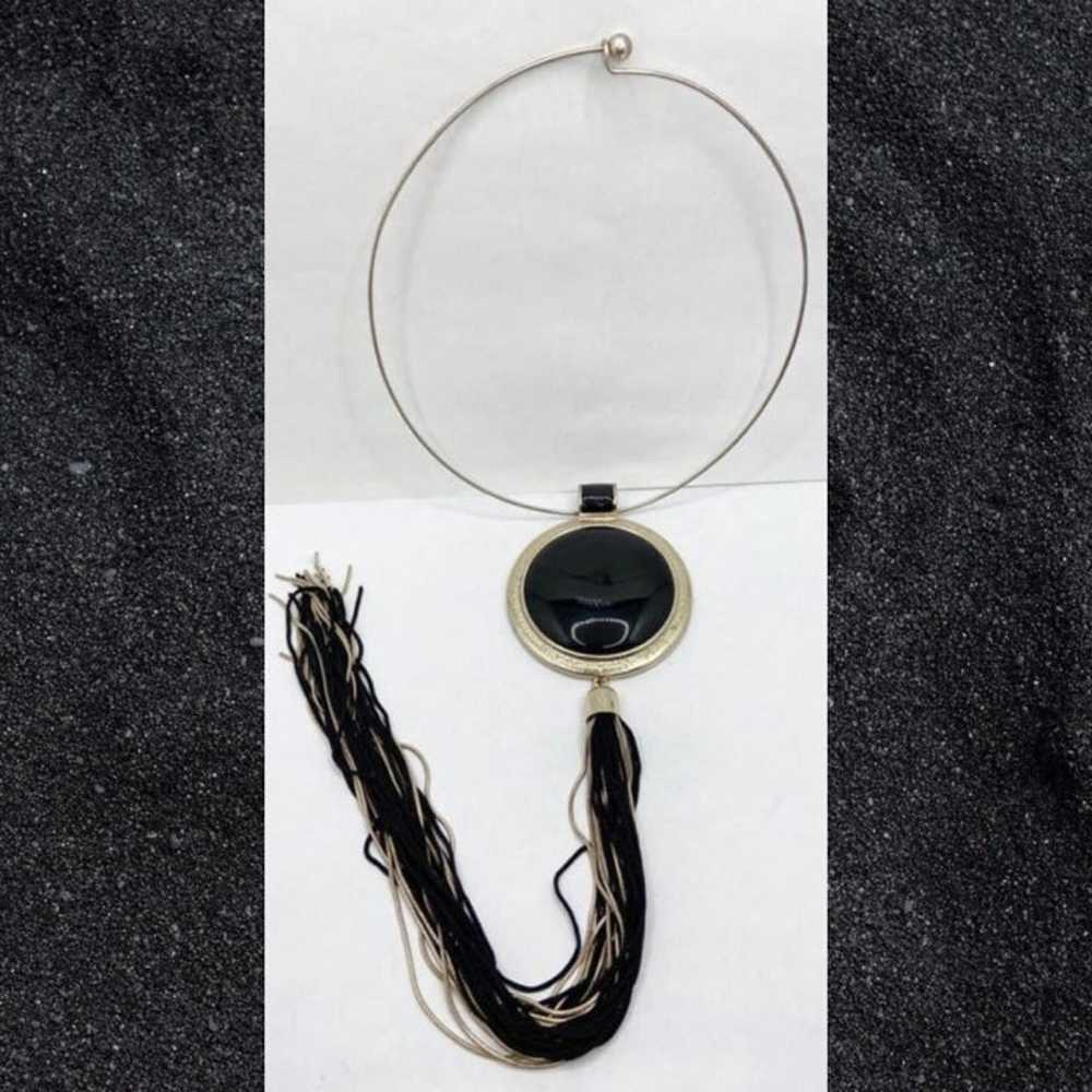 Vintage huge black glass cab/enamel pendant with … - image 2