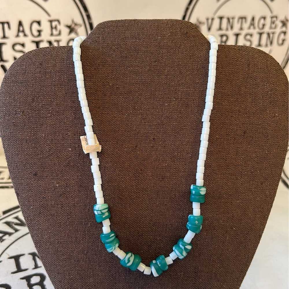 Vintage coral green-white  bead necklace - image 1