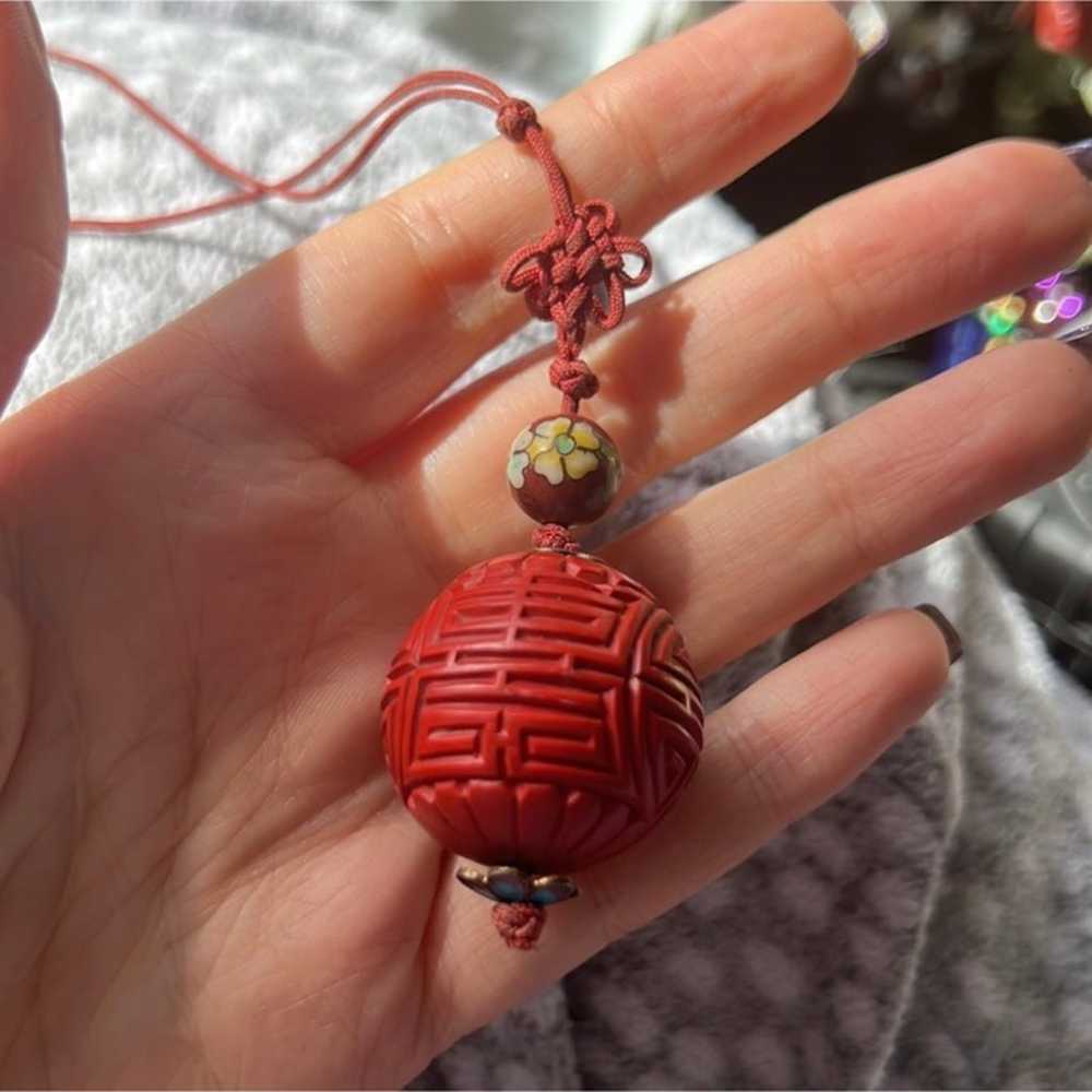 Chinese  art inspired red carved stone necklace - image 3