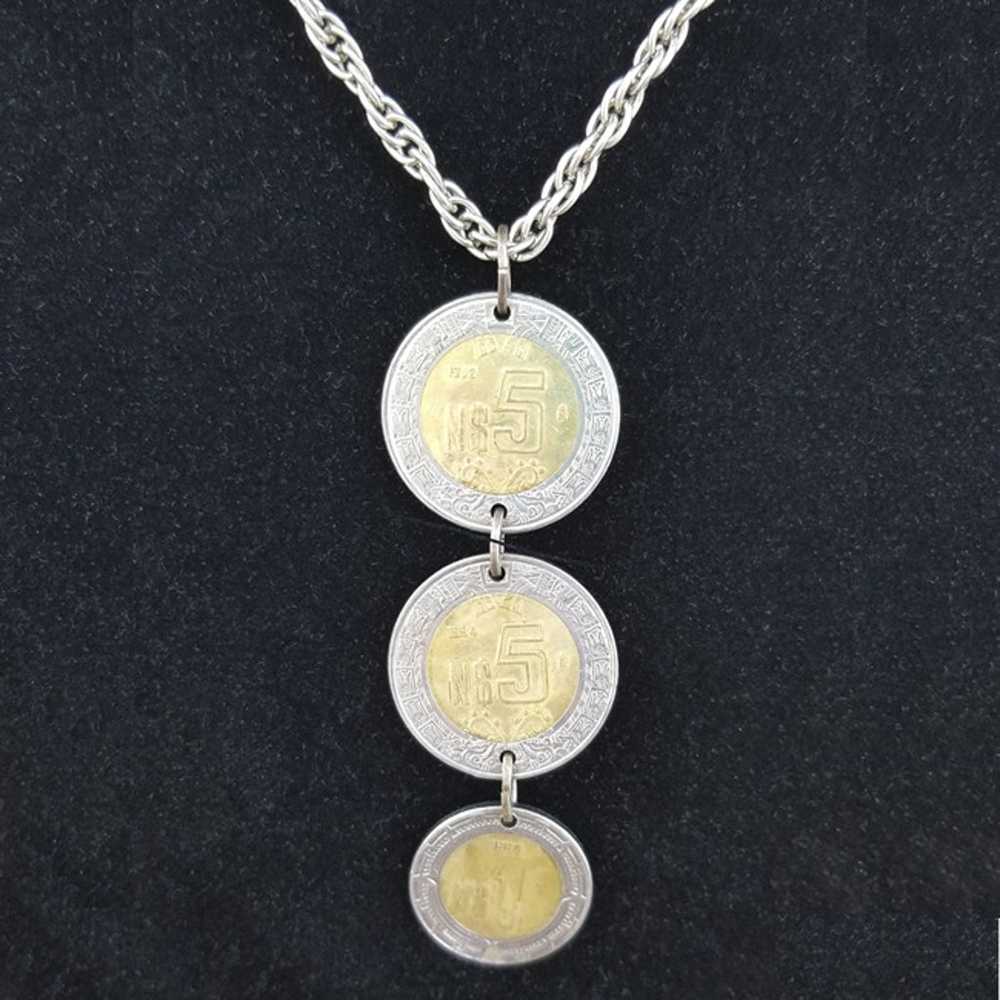 Mexican Coins Pendant Necklace with Long Fancy Ch… - image 1