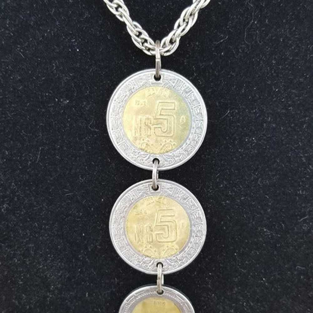 Mexican Coins Pendant Necklace with Long Fancy Ch… - image 5