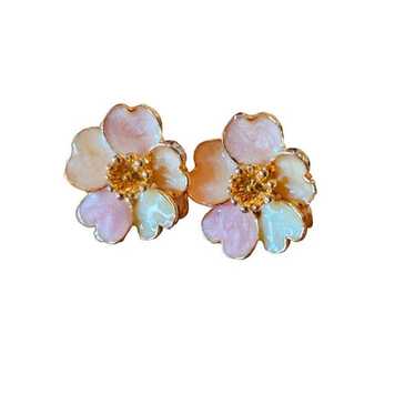 vintage enamel floral earrings clip on gold tone - image 1