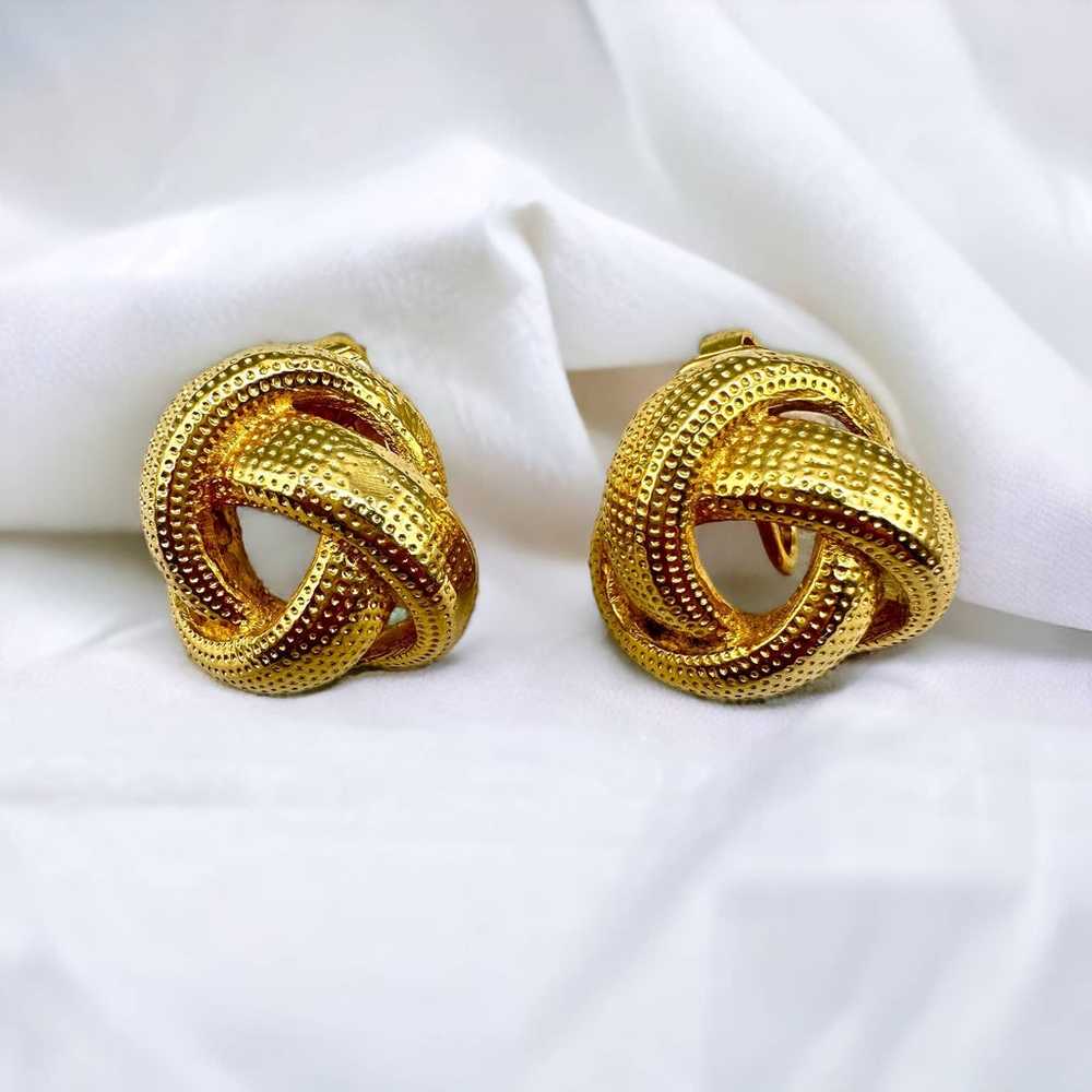 Knot Earrings Gold-Tone Textured Clip-On Vintage - image 1