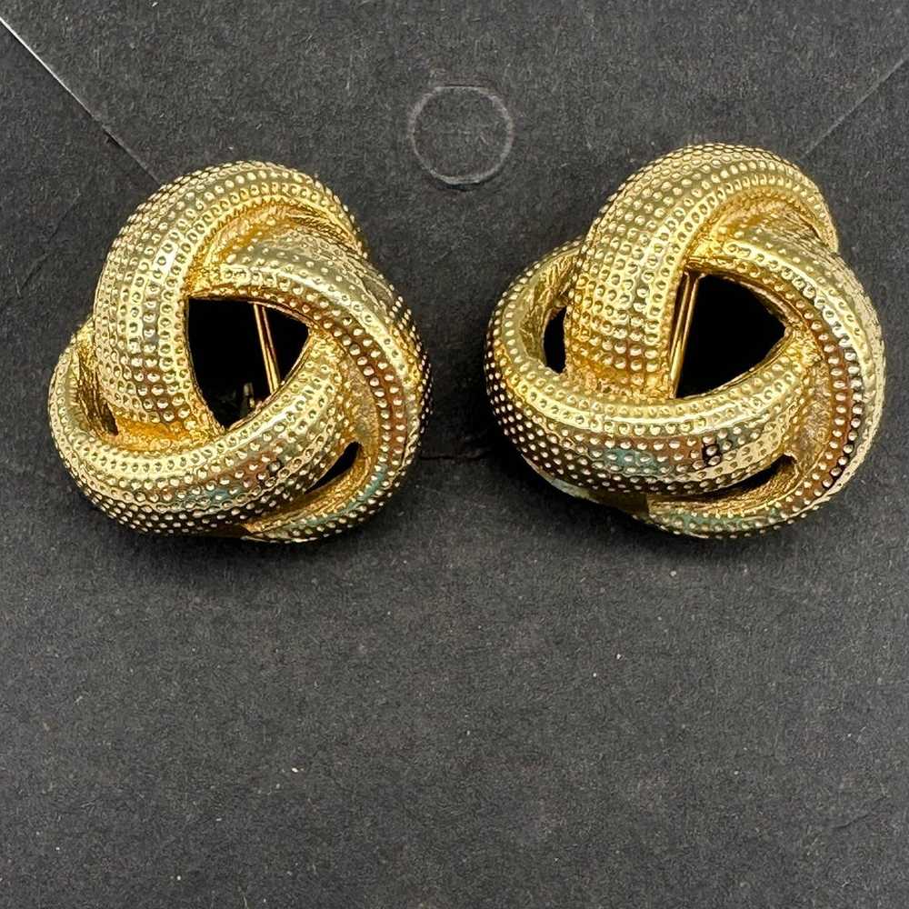 Knot Earrings Gold-Tone Textured Clip-On Vintage - image 2