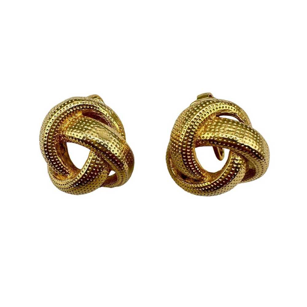 Knot Earrings Gold-Tone Textured Clip-On Vintage - image 3