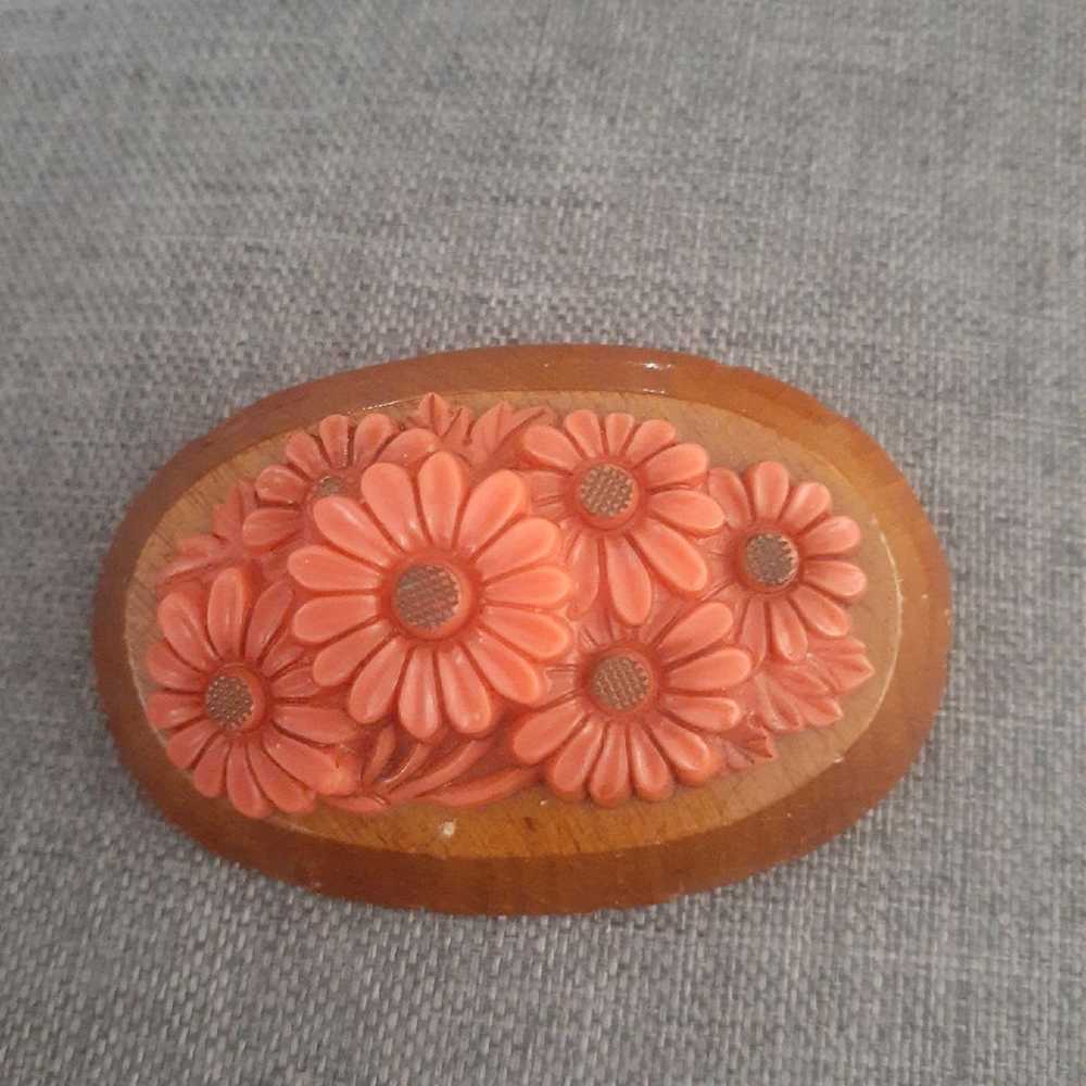 Vintage orange carved flower and wood Brooch/pin - image 1