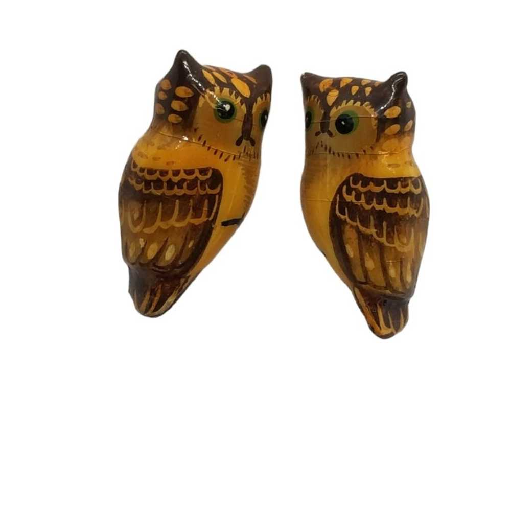 VINTAGE FOLK ART PAINTED WOODEN OWL PIN & EARRING… - image 4
