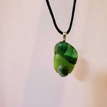 Vintage Green Glass Necklace, Hand Crafted, Fused 