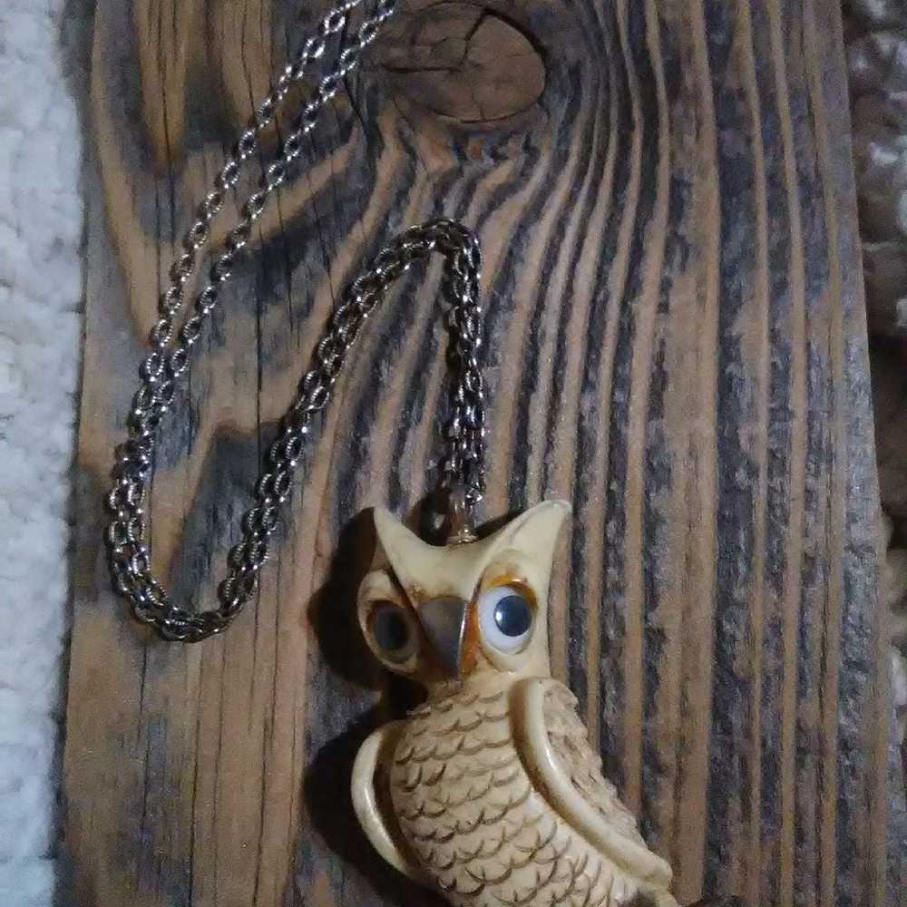 Vintage Long Owl Necklace 3D Pendant Costume Jewe… - image 2