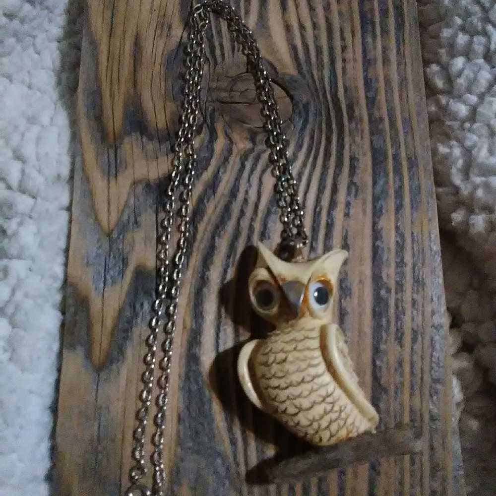 Vintage Long Owl Necklace 3D Pendant Costume Jewe… - image 3