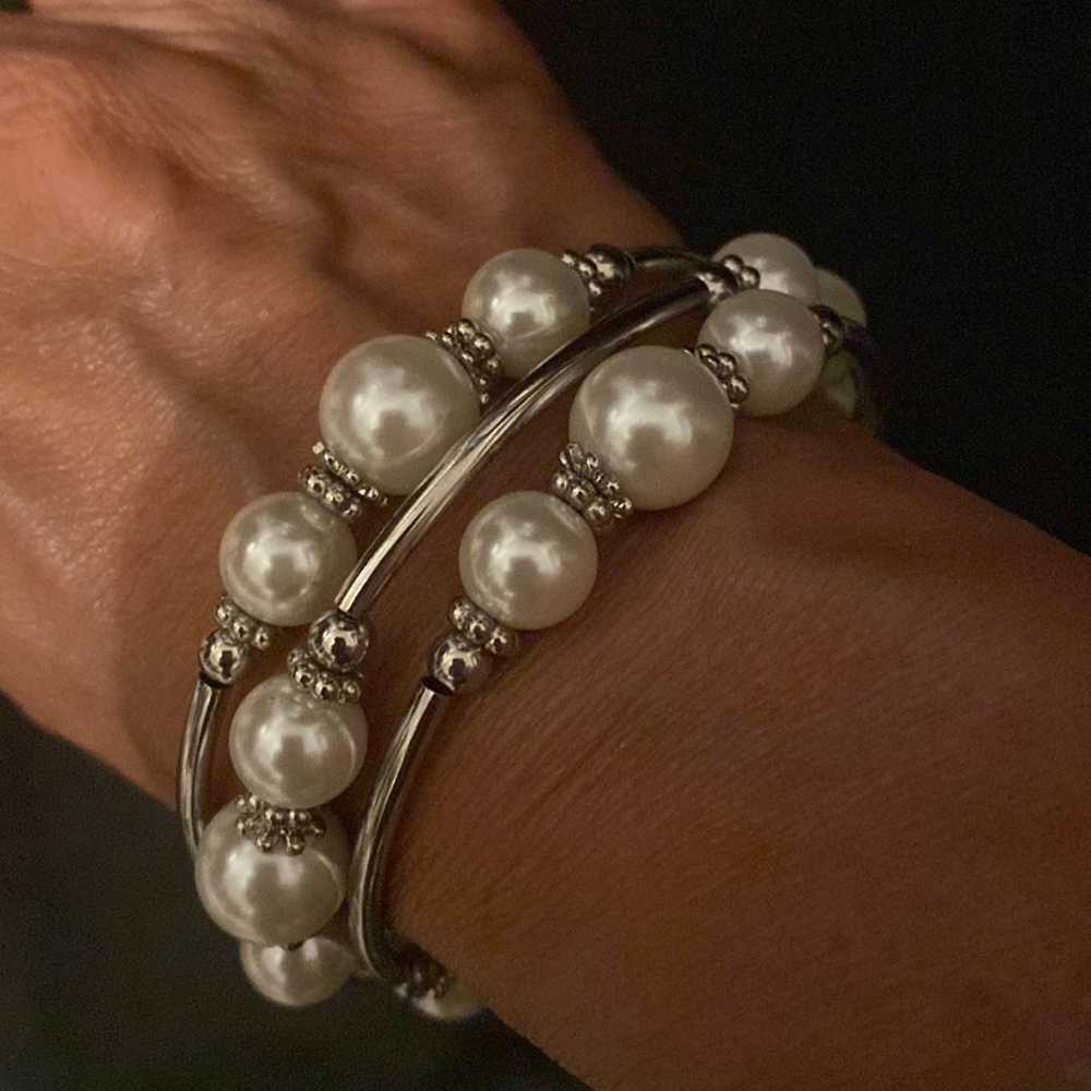 Large Vintage Wrap beaded pearl & silver bracelet - image 2