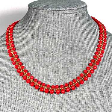 Necklace Red Gold Tone Beaded Hook Clasp Signed  V