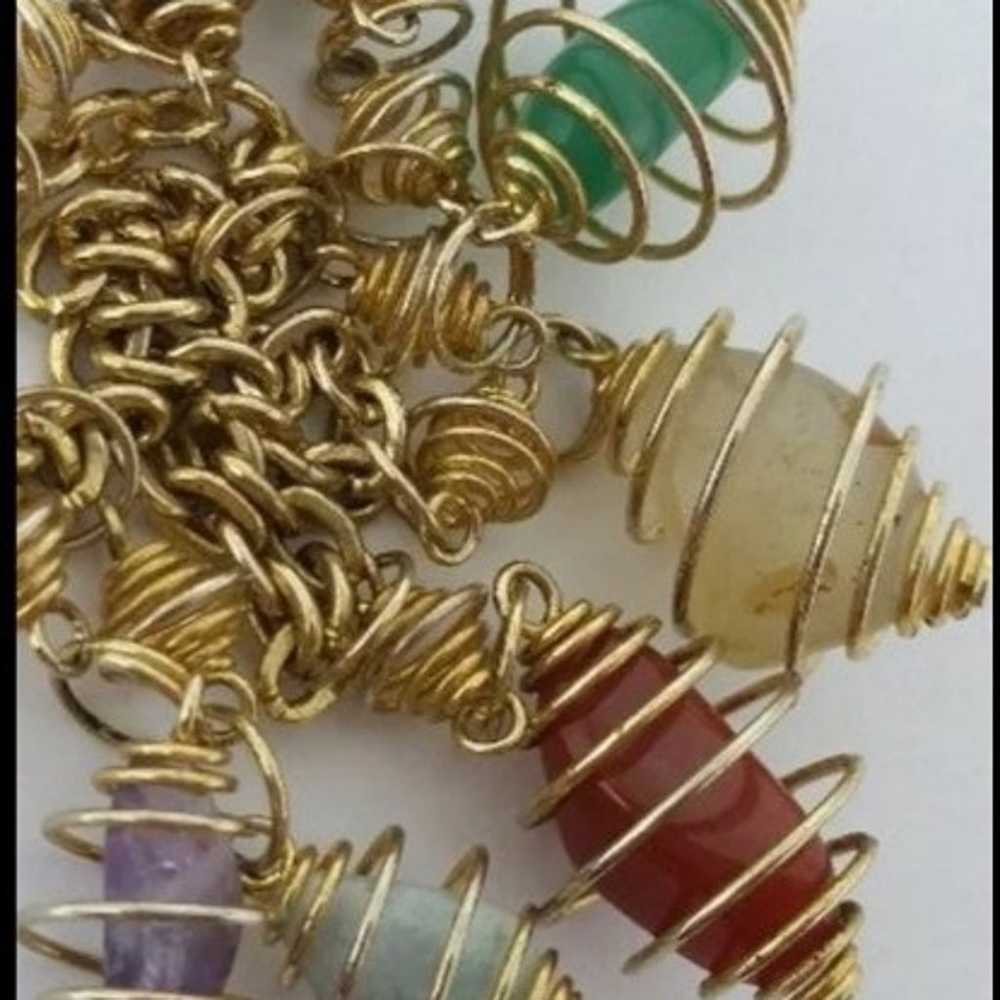 Vintage spiral caged stone pendant goldtone chain… - image 3