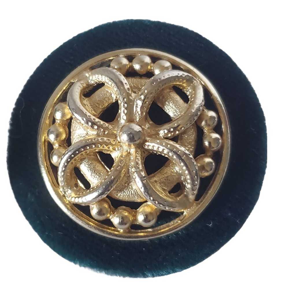 Vintage Round Green Velvet & Gold Button Clip On … - image 3