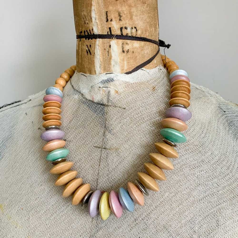 Vintage 80s Wooden Chunky Bead Necklace Colorful … - image 1