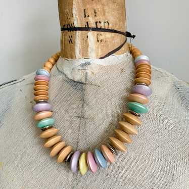 Vintage 80s Wooden Chunky Bead Necklace Colorful … - image 1