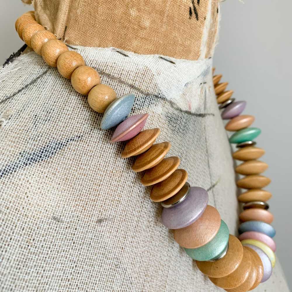 Vintage 80s Wooden Chunky Bead Necklace Colorful … - image 3