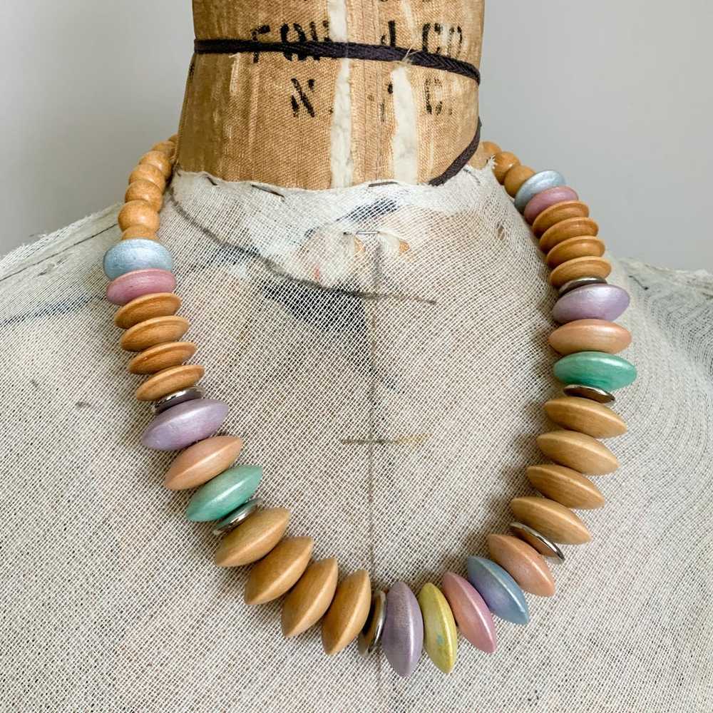 Vintage 80s Wooden Chunky Bead Necklace Colorful … - image 4
