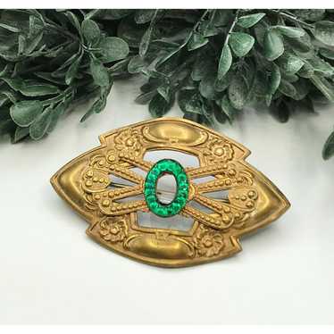 Vintage brooch gold tone with emerald green rhine… - image 1