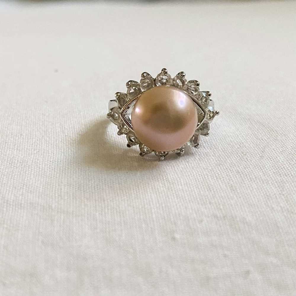VTG Silver Soft Pink Pearl CZ Eye Ring - image 2