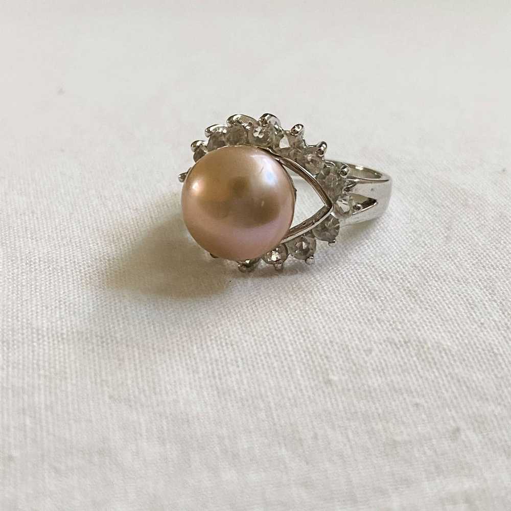 VTG Silver Soft Pink Pearl CZ Eye Ring - image 3