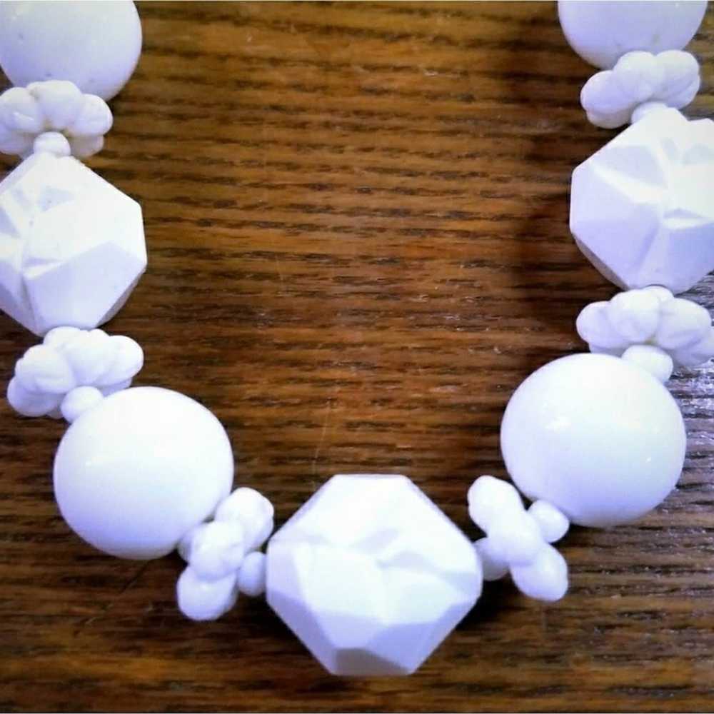 Vintage Carved Bead Necklace White Plastic Glass - image 1