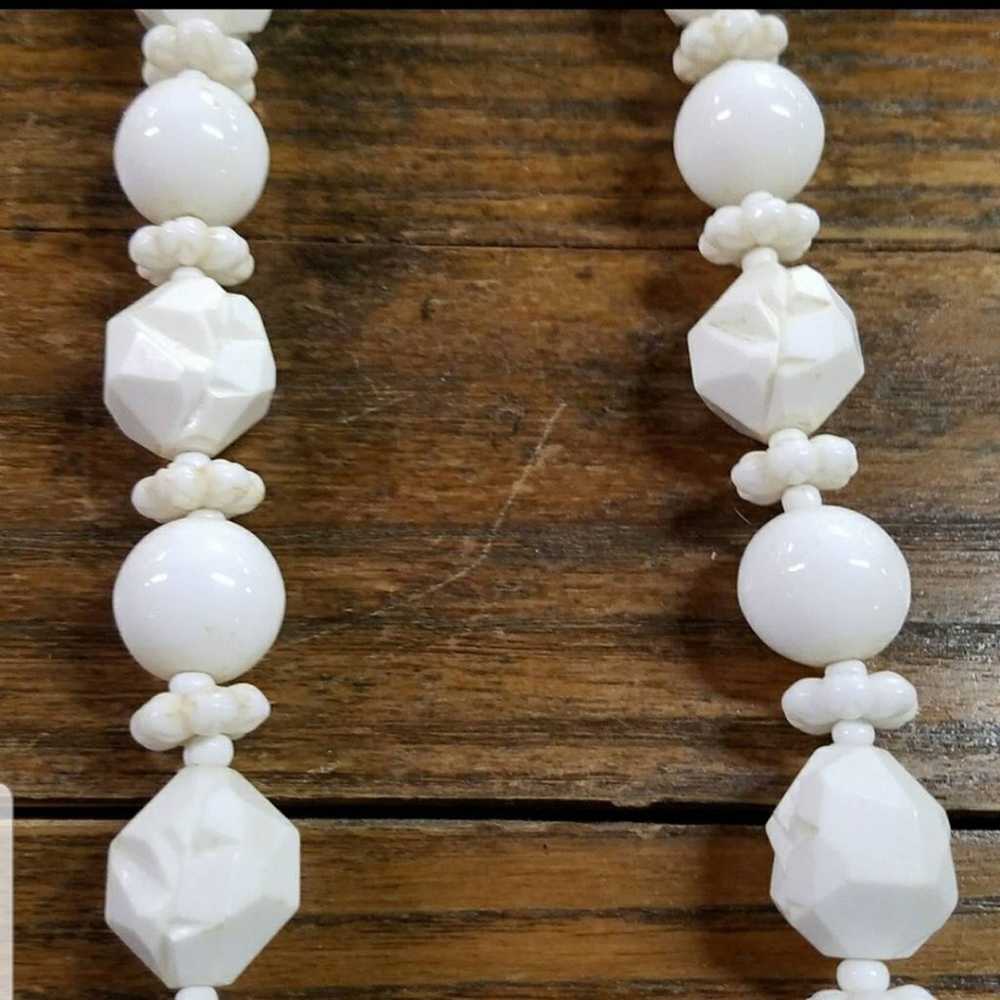 Vintage Carved Bead Necklace White Plastic Glass - image 2