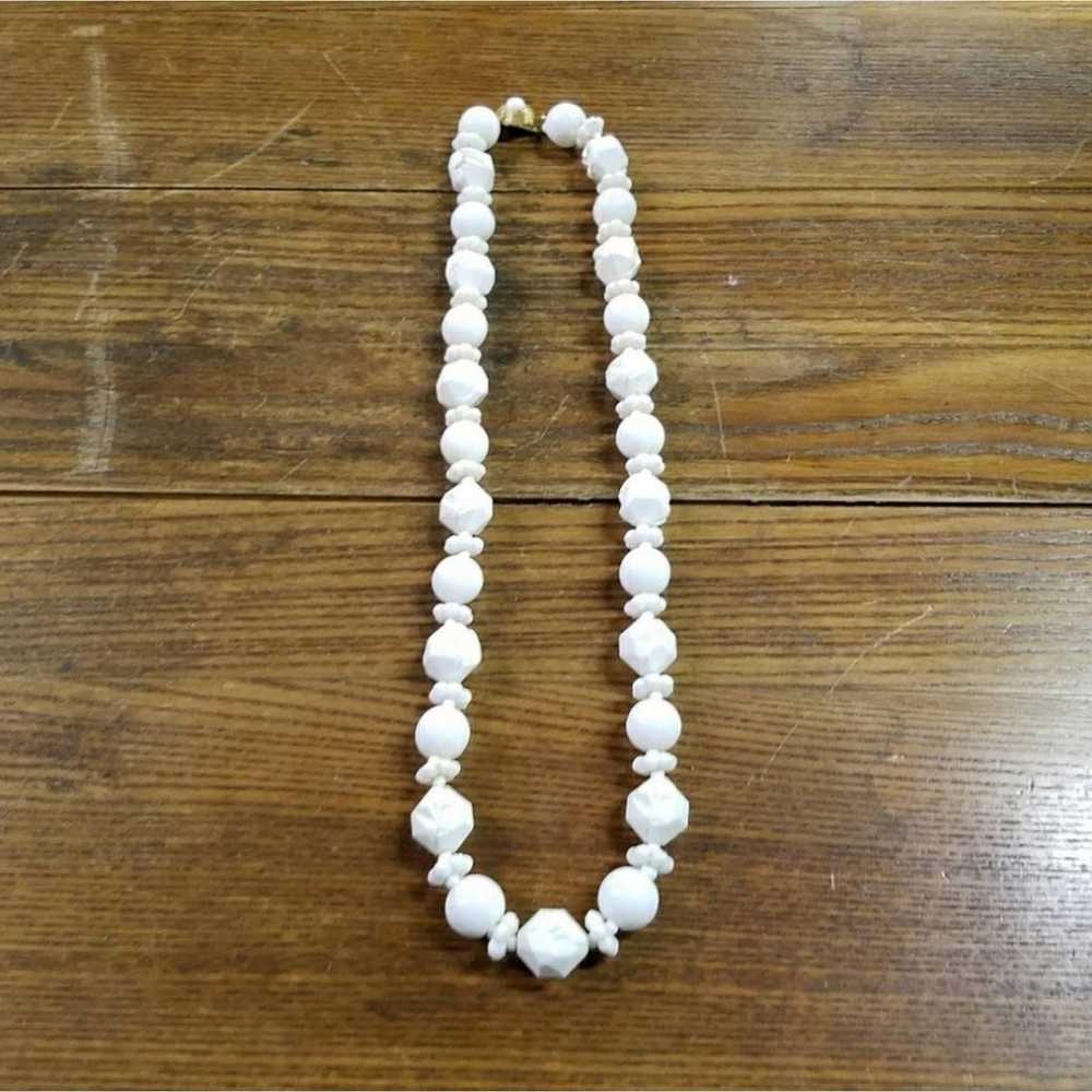 Vintage Carved Bead Necklace White Plastic Glass - image 3